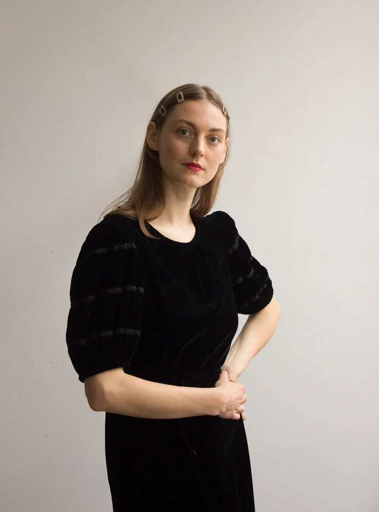 1970s Lord Taylor Black Velvet Puff Sleeve Gown Wayward Collection